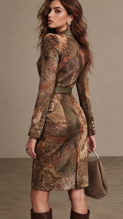 Vintage Paisley Print Double-Breasted Blazer Dress with Satin Lapel & Belt
