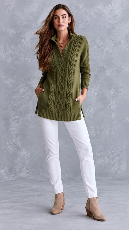 Vintage Stand Collar American Cable Knit Henley Sweater With Pockets