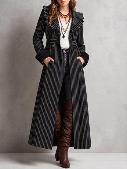 Vintage Bohemian Ruffle-Trim Pinstripe Duster Coat