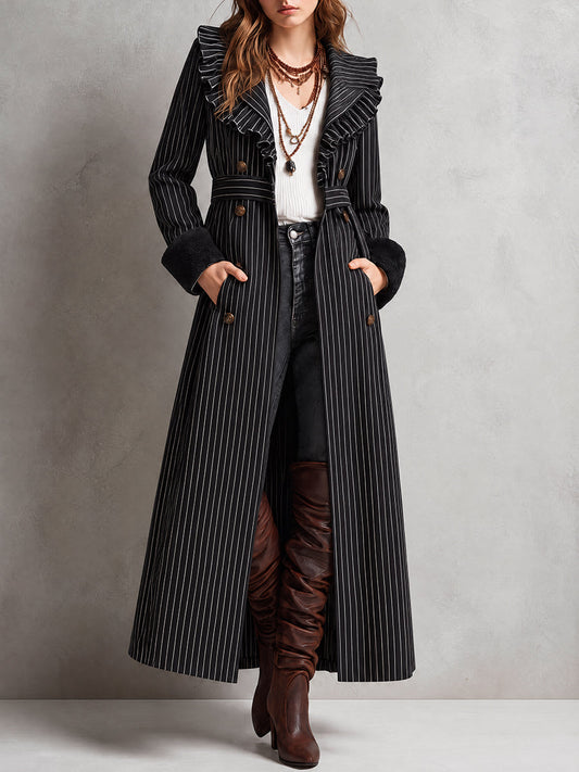 Vintage Bohemian Ruffle-Trim Pinstripe Duster Coat