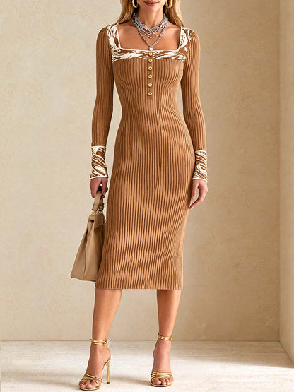 Camel Nomad Zebra-Trim Ribbed Midi Dress
