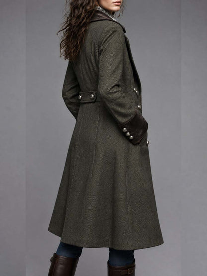 Women's Herringbone Wool Military Coat With Velvet Collar And Cuffs