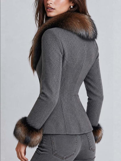Women's Faux Fur Trim Herringbone Tweed Fitted Blazer Jacket