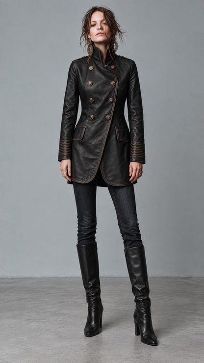 Women's Military Style Double-Breasted Leather Coat with Contrast Stitching