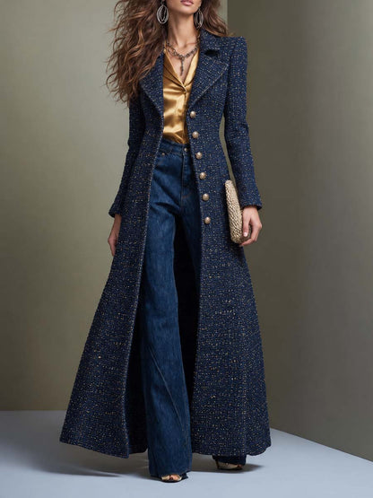 Women's Elegant Long Tweed Coat - Maxi Length Tailored Wool Blend Overcoat