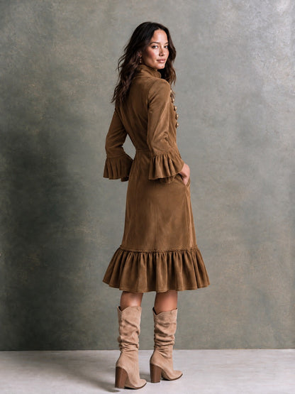 Women's Military Style Suede Midi Dress with Brass Button Trim & Ruffle Hem