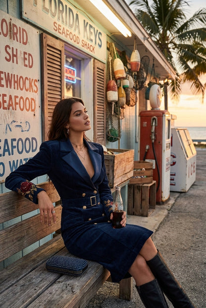 Corduroy Double-Breasted Blazer Dress with Embroidered Cuffs and Belt