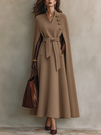 Elegant Camel Belted Cape Maxi Coat