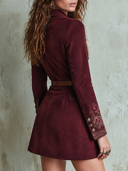 Burgundy Suede Double-Breasted Blazer Dress with Embroidered Cuffs