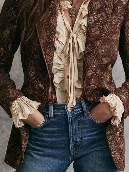 Vintage 70s Dark Brown Geo Print Double-breasted Blazer