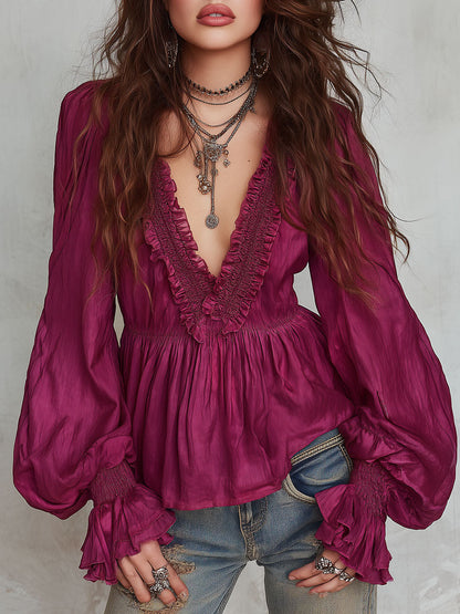 Boho V-neck Lantern Sleeves Tencel Blouse With Ruffles