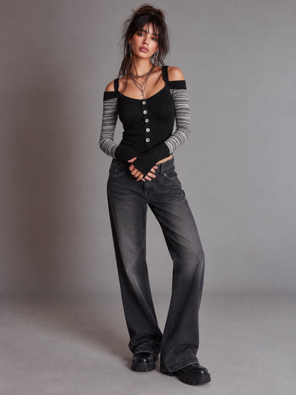 Off-Shoulder Ribbed Knit Top with Contrast Striped Sleeves