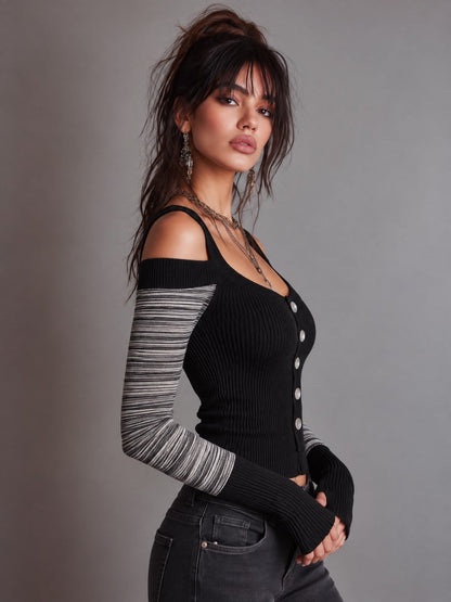 Off-Shoulder Ribbed Knit Top with Contrast Striped Sleeves