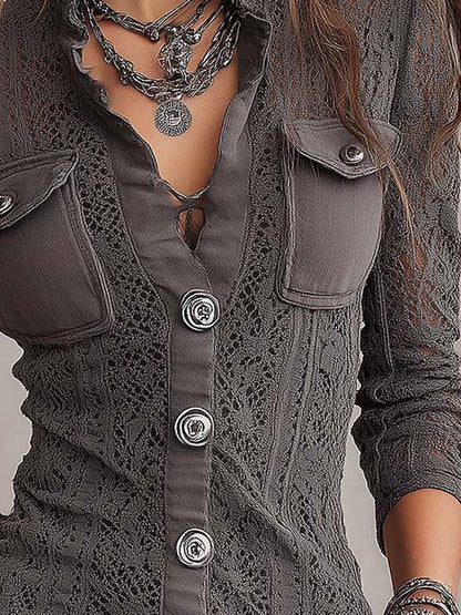 Vintage-style Bohemian Lace-panel Button-down Shirt