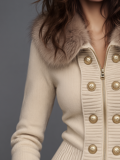 Classic Ivory Faux Fur Collar Zip Cardigan