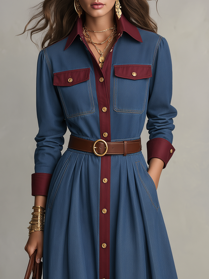 Vintage Blue Contrast Trim Belted Denim Maxi Dress