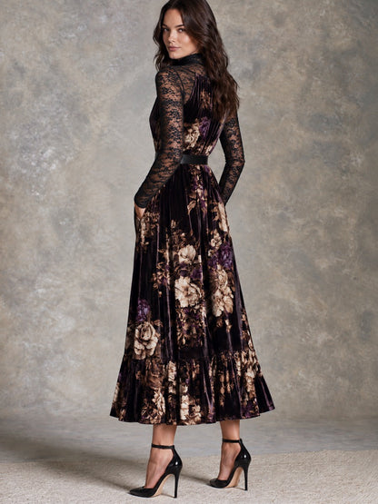 Vintage Oil Painting Flower Velvet Halter Neck Maxi Dress With Black Lace Sleeve