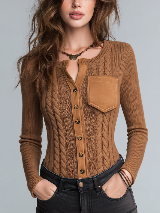 Vintage Camel Cable Knit Pocket Cardigan