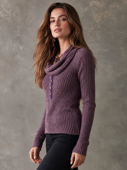 Boho Vintage Cowl Neck Pullover Heather Purple Knit Sweater