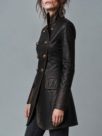 Women's Military Style Double-Breasted Leather Coat with Contrast Stitching