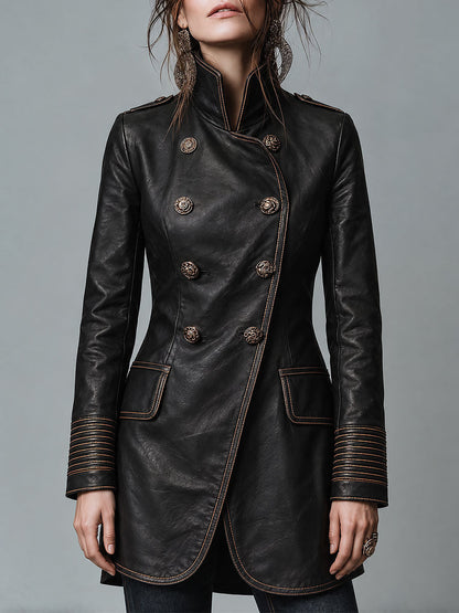 Women's Military Style Double-Breasted Leather Coat with Contrast Stitching