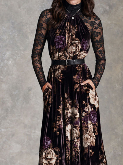 Vintage Oil Painting Flower Velvet Halter Neck Maxi Dress With Black Lace Sleeve