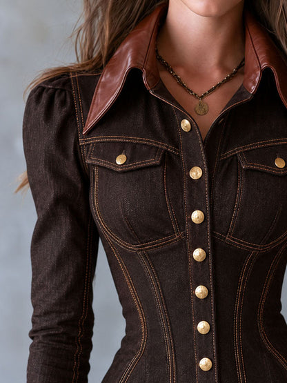 70s Retro Western Denim Hourglass Shirt Jacket With Faux Leather Cuff And Lapel