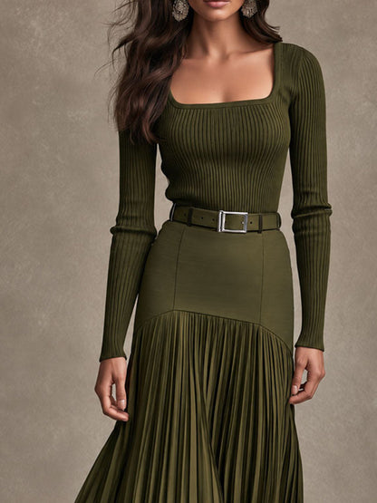 Quiet Luxury Olive Knit Maxi Dress With High Waist Pleated Skirt
