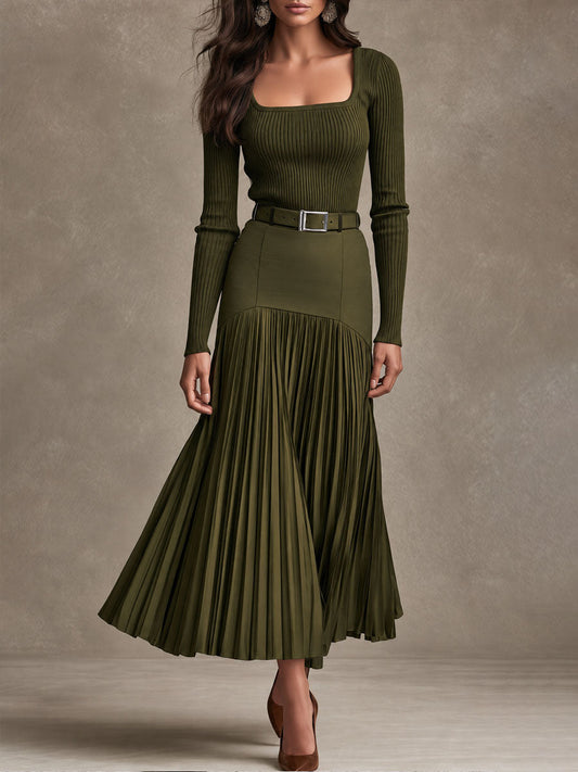 Quiet Luxury Olive Knit Maxi Dress With High Waist Pleated Skirt