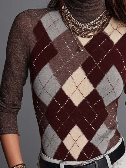 Classic Color-Block Argyle Knit Mock-Neck Top