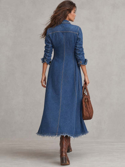 Distressed Denim Long Coat With Fringed Edges