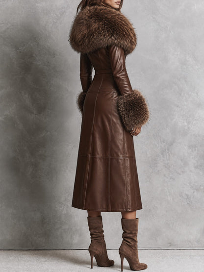 Vintage Brown Faux Leather Faux Fur Collar Long Coat With Double Breasted