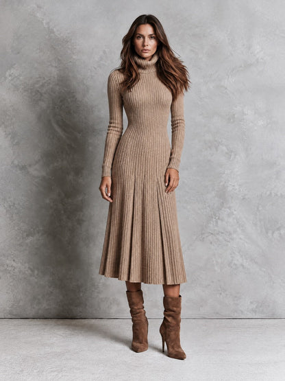 Elegant Oatmeal Turtleneck Ribbed Pleated Knit Midi Dress
