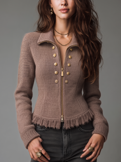 Refined Taupe Fringe Trim Zip-Up Knit Jacket