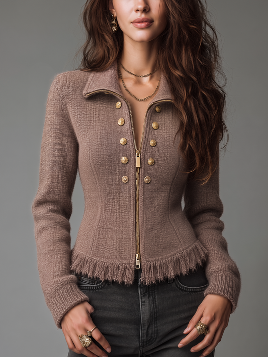 Refined Taupe Fringe Trim Zip-Up Knit Jacket