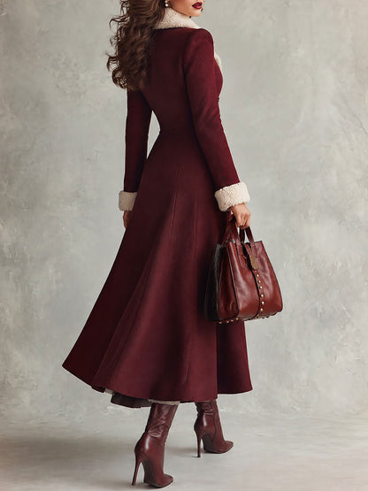 Women's Elegant Faux Fur Collar Double-Breasted Maxi Wool Coat