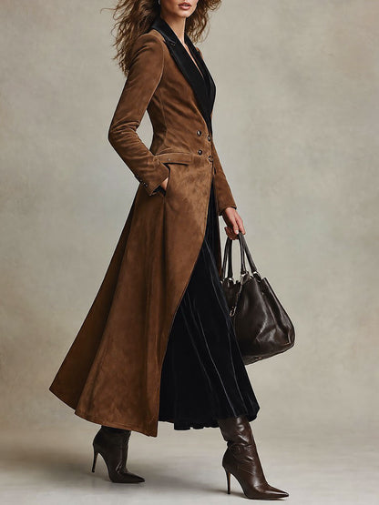 Elegant Long Suede-Look Double-Breasted Coat with Velvet Lapel
