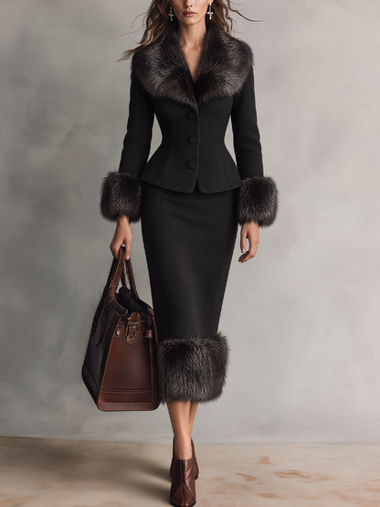 Elegant Black Faux Fur Trim Tailored Skirt Set
