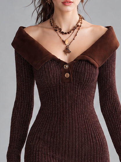 Vintage Bohemian Cocoa Off-Shoulder Ribbed Knit Mini Dress