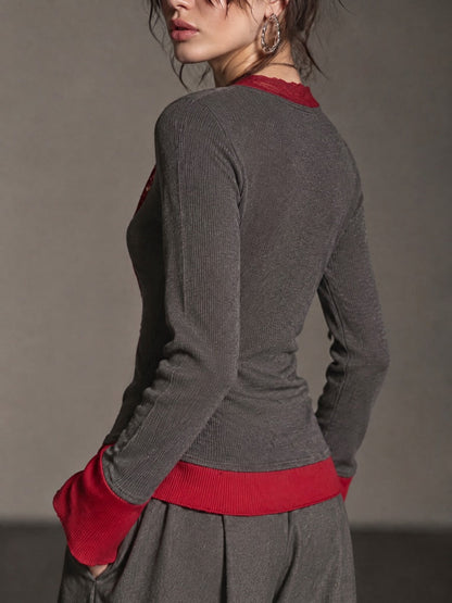 Contrast Lace-Trim Knit Cardigan