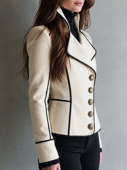 Retro Ivory Herringbone Wool Blend Jacket With Black Piping