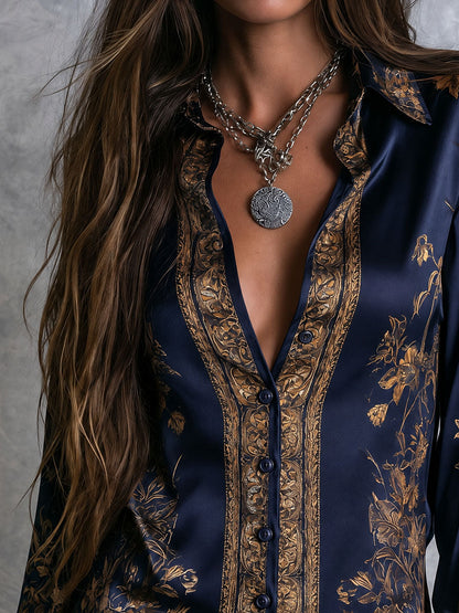 Women's Navy Gold-Tone Floral Print Satin-Look Long Sleeve Button-Up Blouse