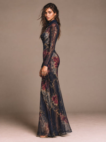 Navy Floral Print Maxi Dress with Sheer Long Sleeves and Gold-Tone Buttons