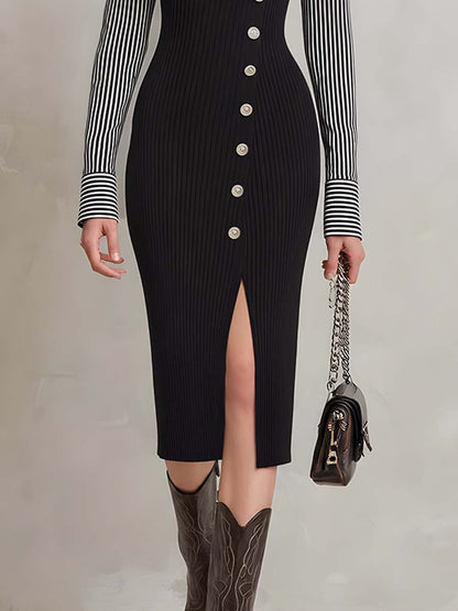 Vintage Striped Panel Faux-layered Knit Midi Dress