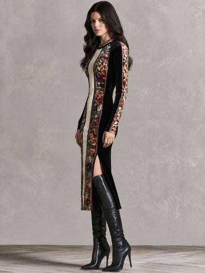 Vintage Floral Panel Velvet Long Sleeve Slit Midi Dress