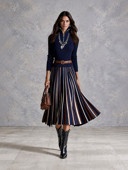 Elegant Navy Rib Half Zip Knit Midi Dress With Striped Pleated Skirt