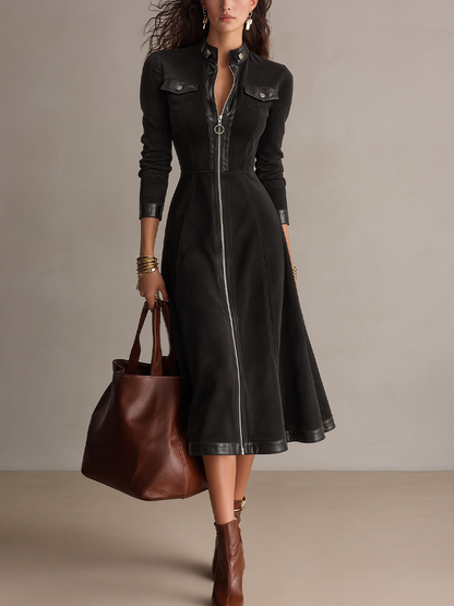 Vintage Black Zip-Up Midi Dress