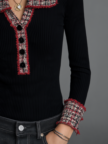 Vintage Black Tweed-Trim Ribbed Knit Top