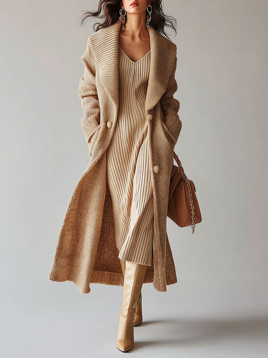 Stylish Beige Longline Knit Cardigan with Oversized Shawl Collar