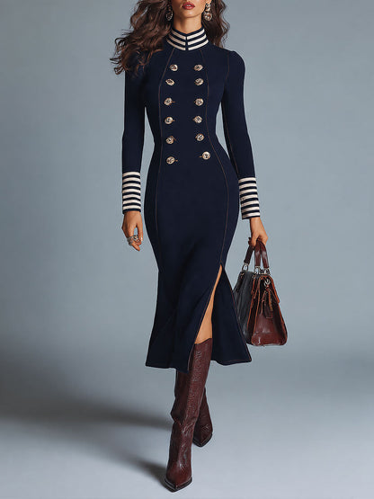 Navy Military-Inspired Gold-Tone Buttons Long Sleeve Midi Dress with Striped Trim